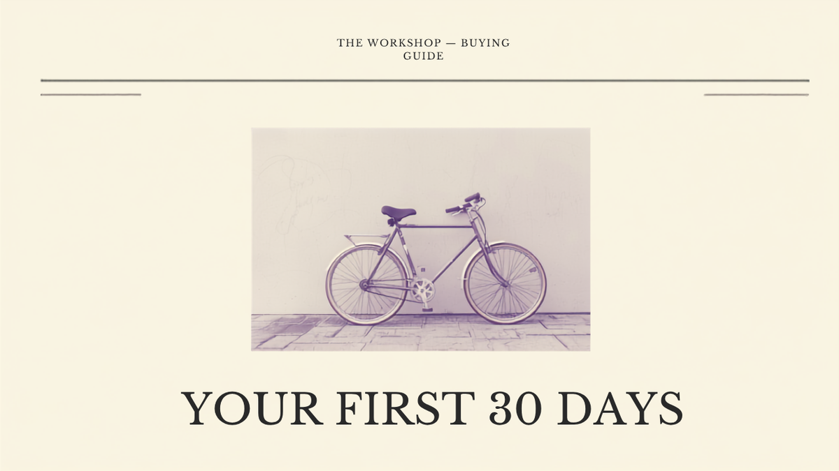 Editorial cover reading Your First 30 Days over a simple hybrid bicycle
