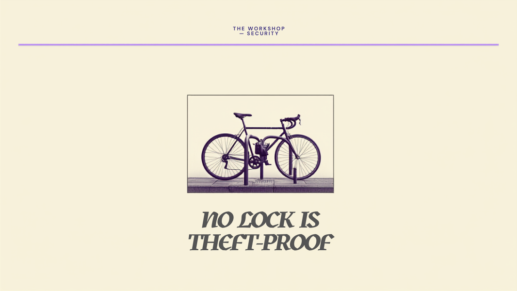 Editorial cover reading No Lock Is Theft-Proof over a locked bicycle