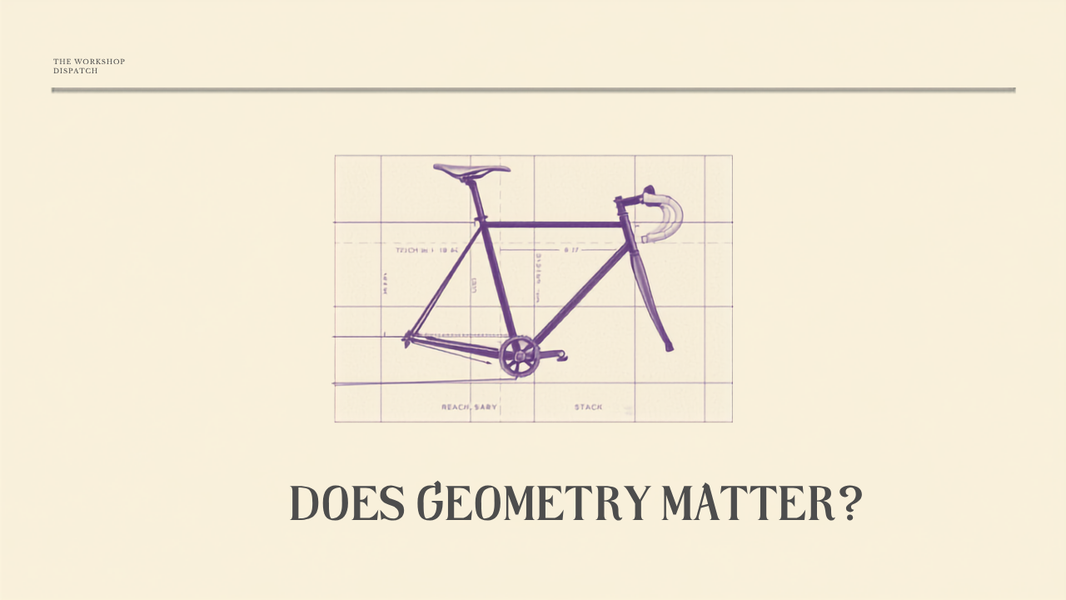 Editorial cover reading Does Geometry Matter over a bike frame with measurement diagram