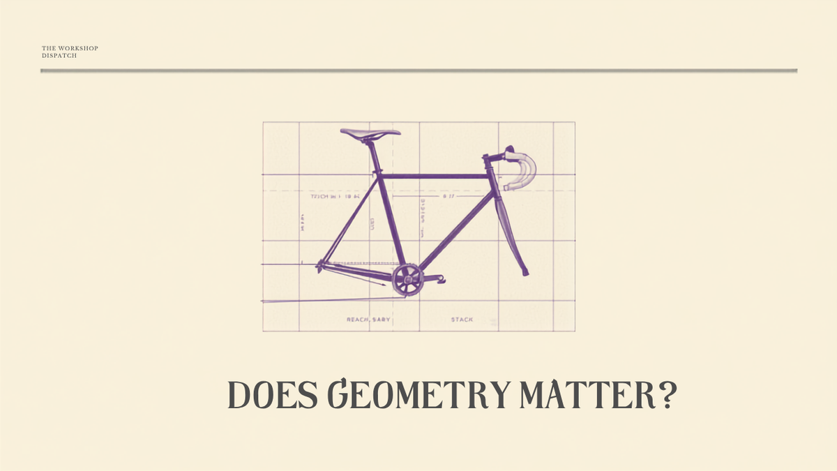 Editorial cover reading Does Geometry Matter over a bike frame with measurement diagram