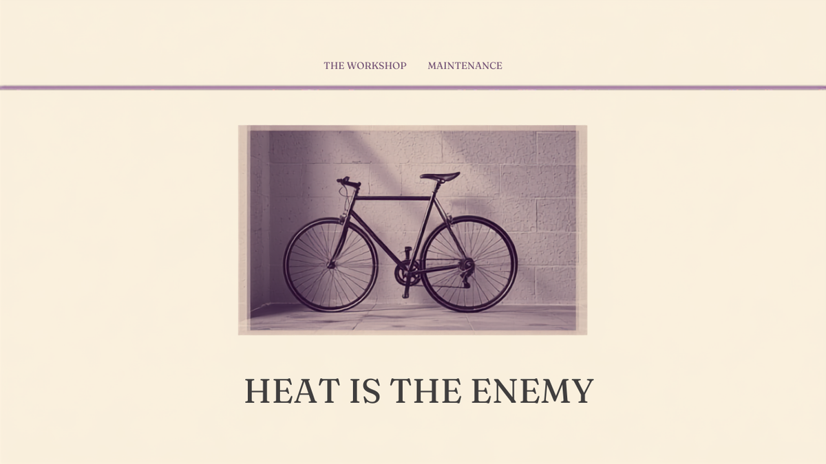 Editorial cover reading Heat Is The Enemy over a carbon frame in storage