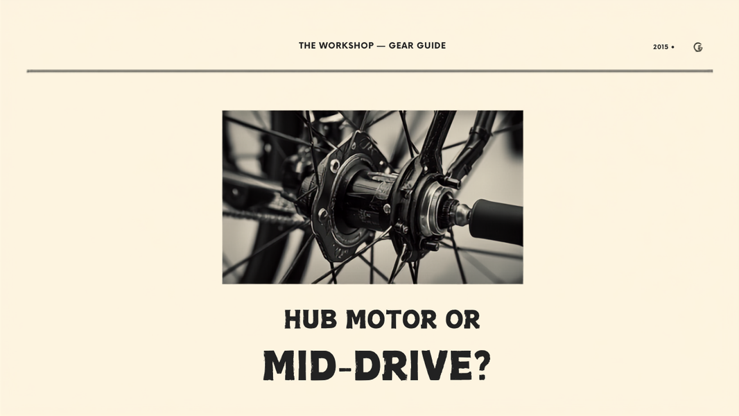 Editorial cover reading Hub Motor Or Mid-Drive over an e-bike hub motor