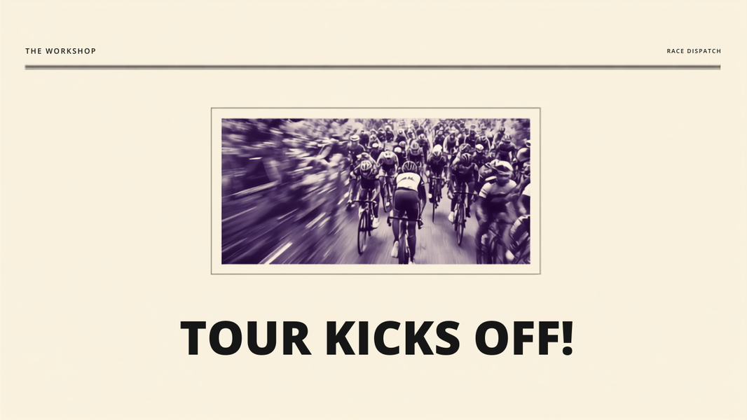 Editorial cover reading Tour Kicks Off over a chaotic Tour de France peloton