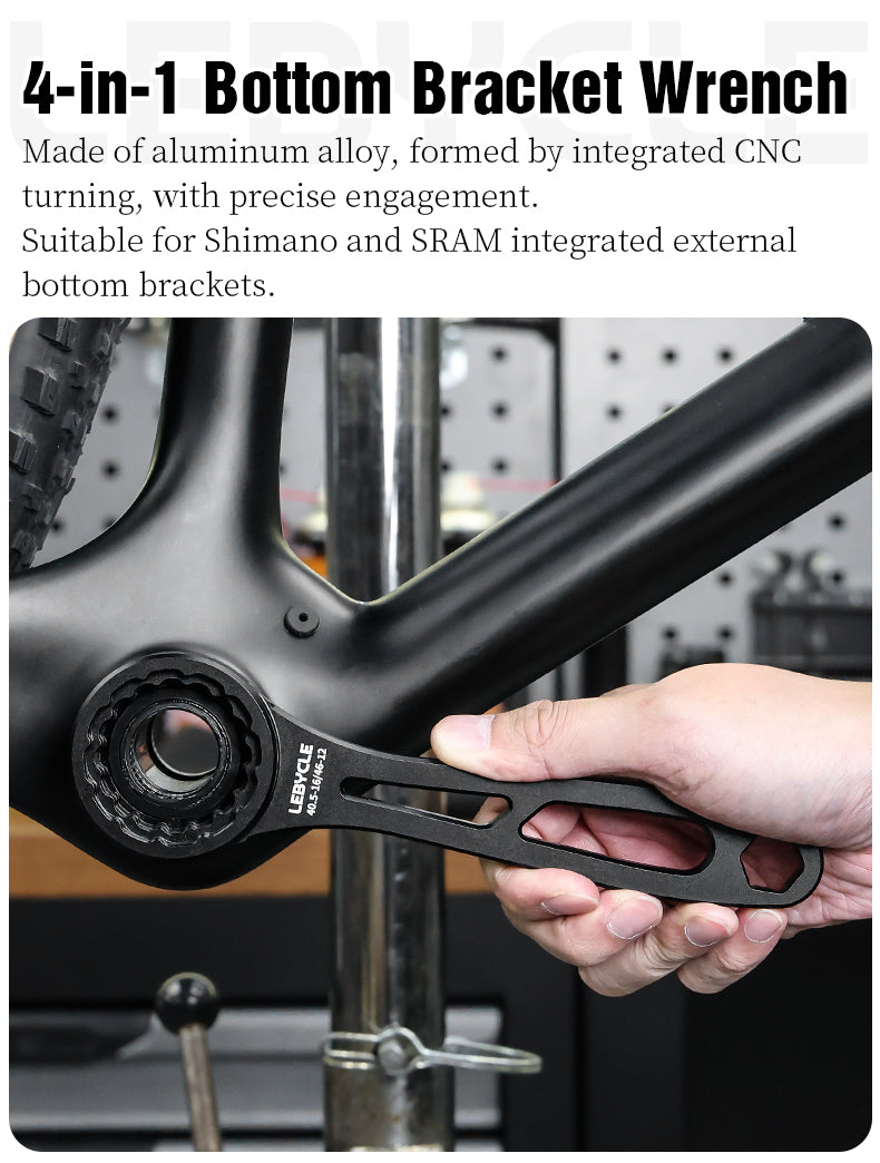 LEBYCLE bottom bracket wrench installing an integrated external bottom bracket on a bike frame