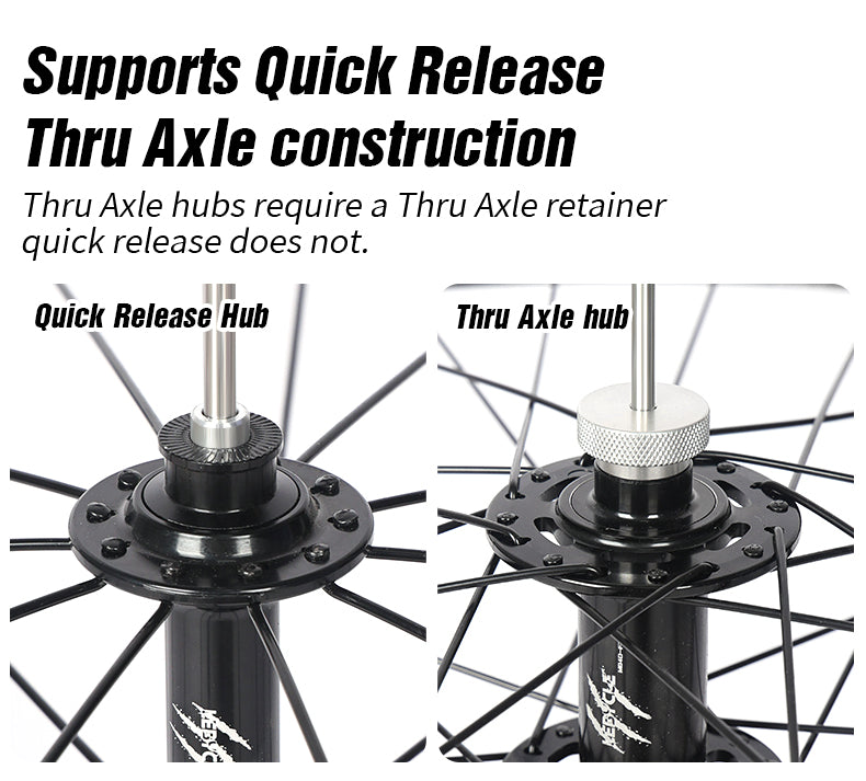 Comparison of a quick release hub and a thru axle hub mounted on the LEBYCLE wheel weaving stand's center rod