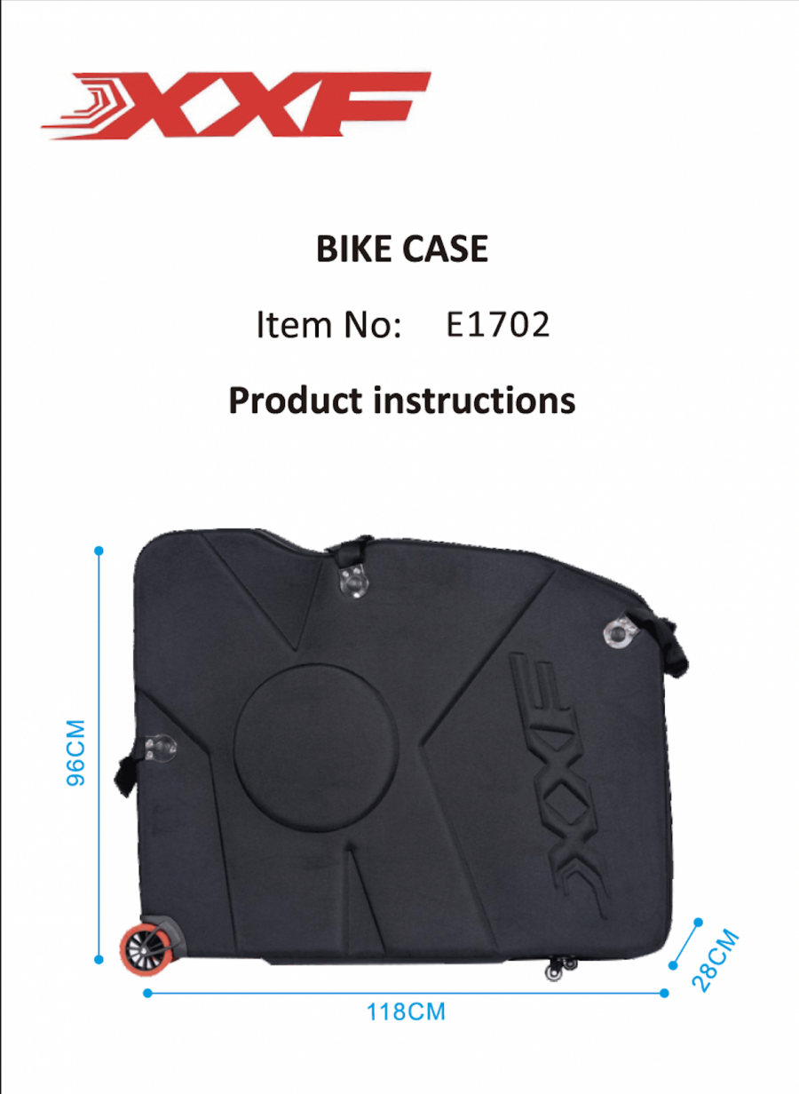 XXF E1702 EVA hard-shell bike travel case, black, closed with four wheels