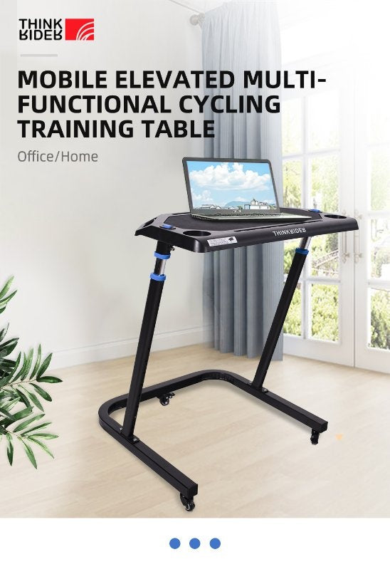 ThinkRider mobile cycling training table set up in a home office with a laptop on top