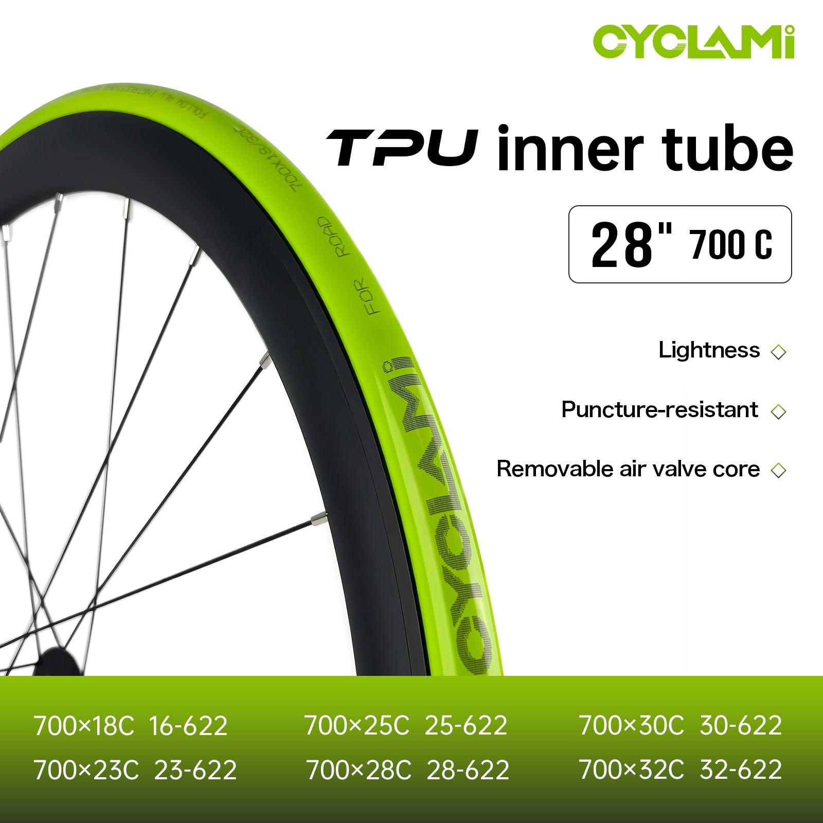 CYCLAMI 38g Green TPU Road 18-32C (Road) 60mm Metal Valve by Cyclami – DoGoodCo product photo 4