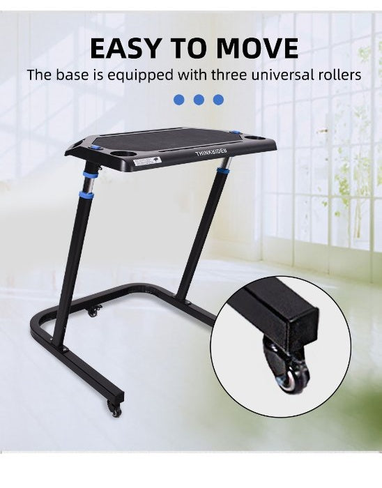 ThinkRider cycling table's rolling base with universal caster wheel close-up
