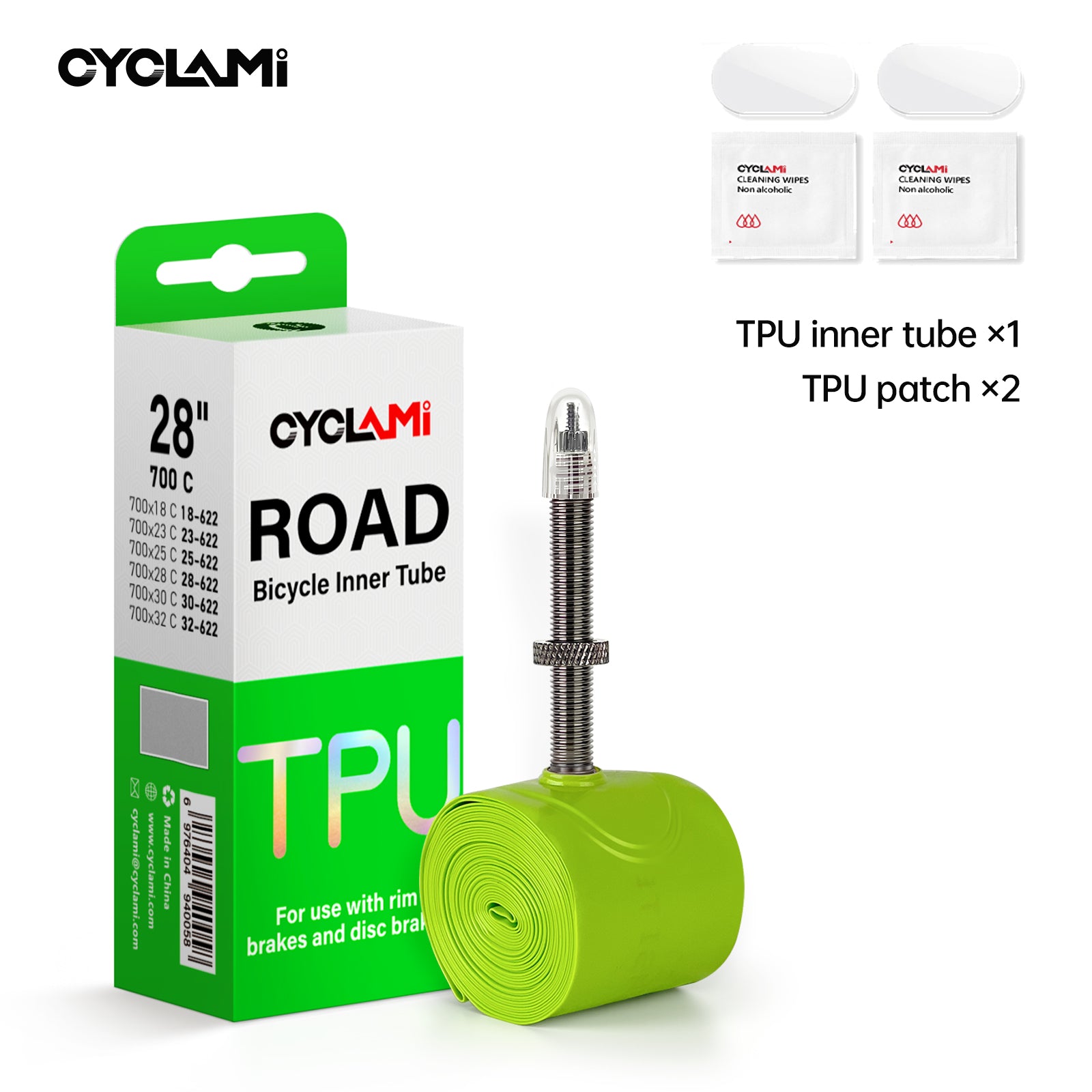 CYCLAMI 38g Green TPU Road 18-32C (Road) 60mm Metal Valve by Cyclami – DoGoodCo product photo 1