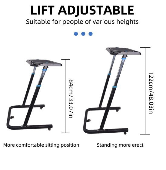 ThinkRider cycling table shown at two height settings, 84cm seated and 122cm standing