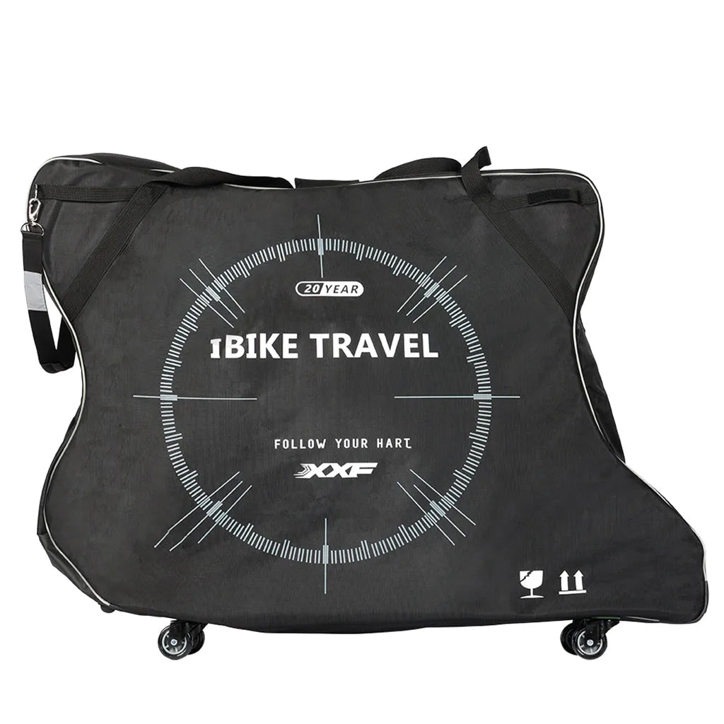 XXF N2025 bike travel bag, black-grey, four-wheel rolling base, IBIKE TRAVEL graphic