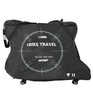 XXF N2025 bike travel bag, black-grey, four-wheel rolling base, IBIKE TRAVEL graphic
