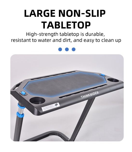 Close-up of the ThinkRider cycling table's large non-slip tabletop surface