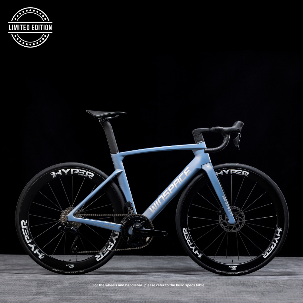 Light blue limited edition T1550 Gen2 road bike with Shimano 105 Di2, black HYPER carbon wheels, and disc brakes.