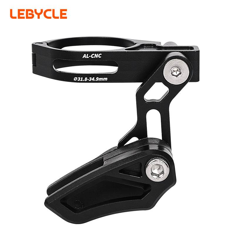 LEBYCLE bicycle chain stabilizer clamped to a bike seat tube, guiding the chain near the chainring