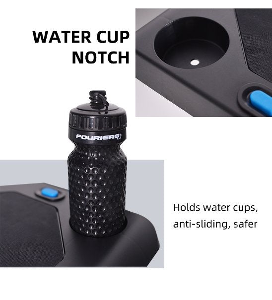 Water bottle held securely in the ThinkRider cycling table's built-in cup notch