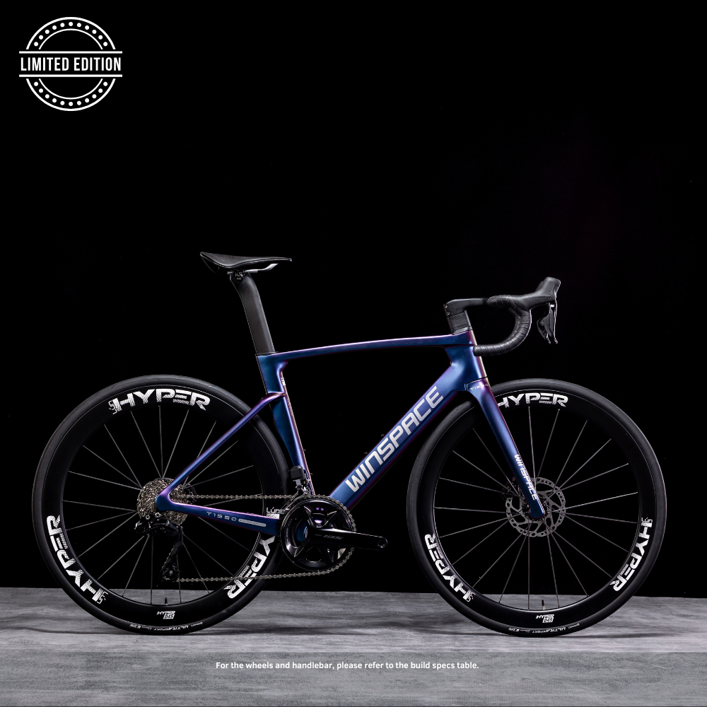 Limited edition Winspace T1550 Gen2 Ultegra Di2 road bike, iridescent blue/purple frame, HYPER wheels, black saddle & bars.