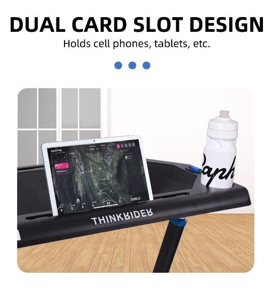 Phone and tablet held in the ThinkRider cycling table's dual card slots