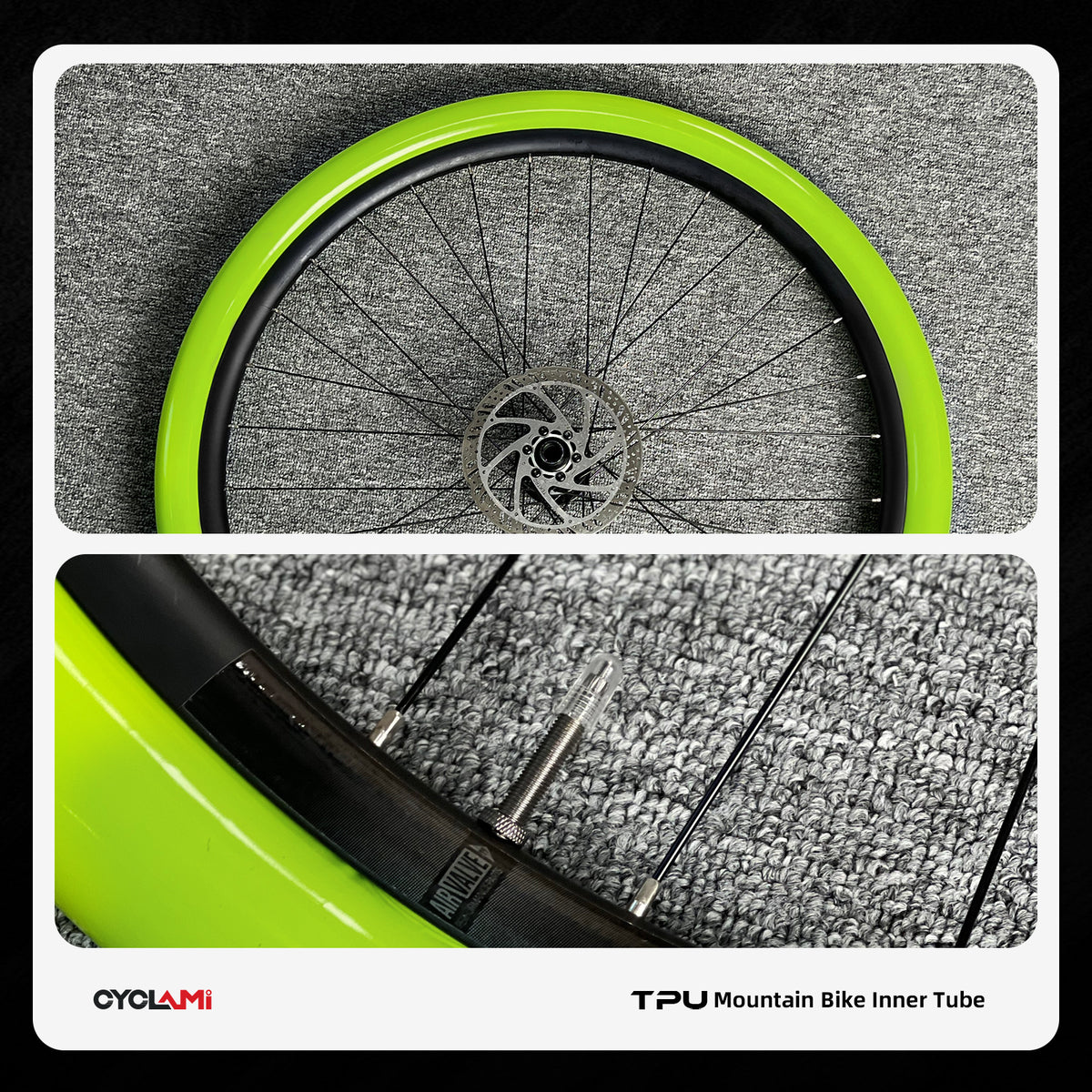 CYCLAMI TPU MTB tube installed on wheel detail