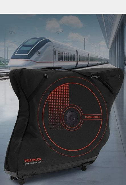 ThinkRider bike trunk travel case shown fully assembled from multiple angles