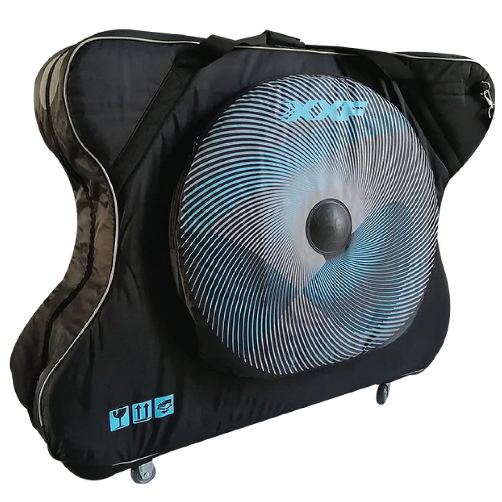 XXF N2020 bike transport bag, black-blue, four-wheel rolling base, full coverage
