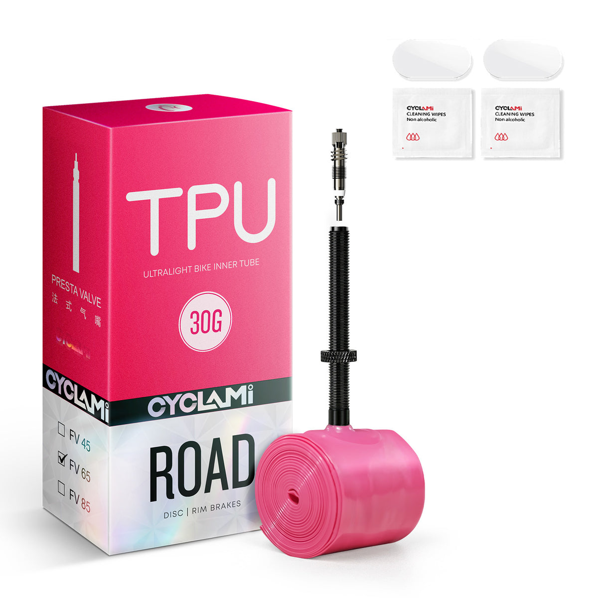 CYCLAMI 30g Pink TPU Road Inner Tube with 65mm removable-core metal valve - box, valve stem and tube
