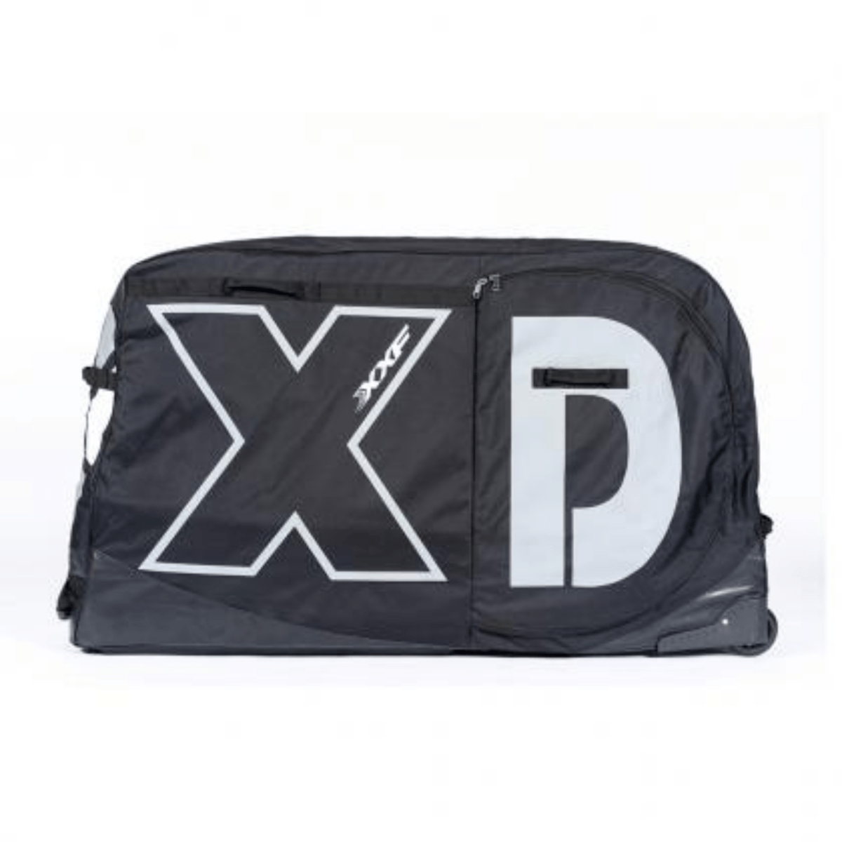 XXF N1603 bike travel bag, black with large XD graphic, four-wheel rolling base