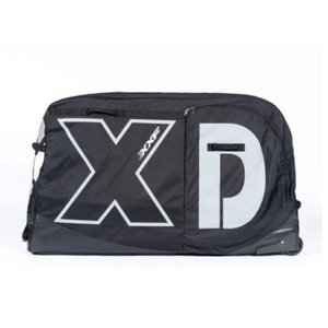 XXF N1603 bike travel bag, black with large XD graphic, four-wheel rolling base
