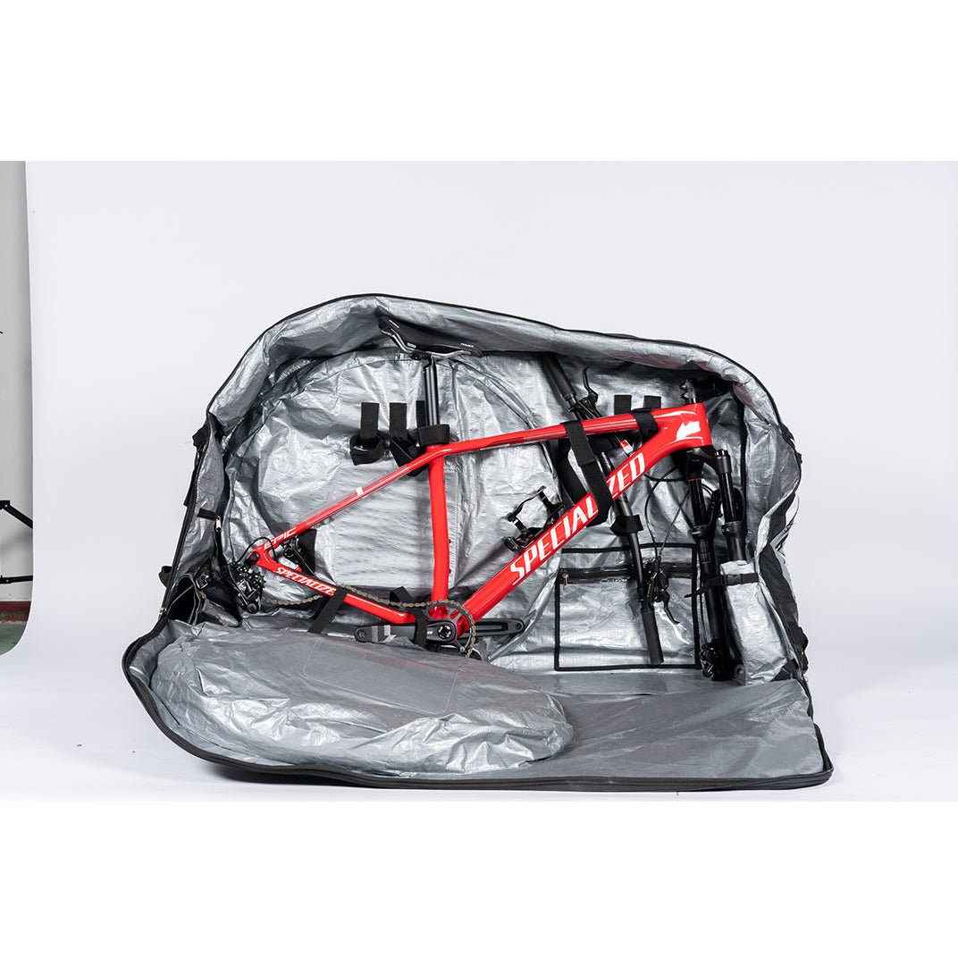 XXF N1603 bike travel bag rolling wheels and carry handle detail